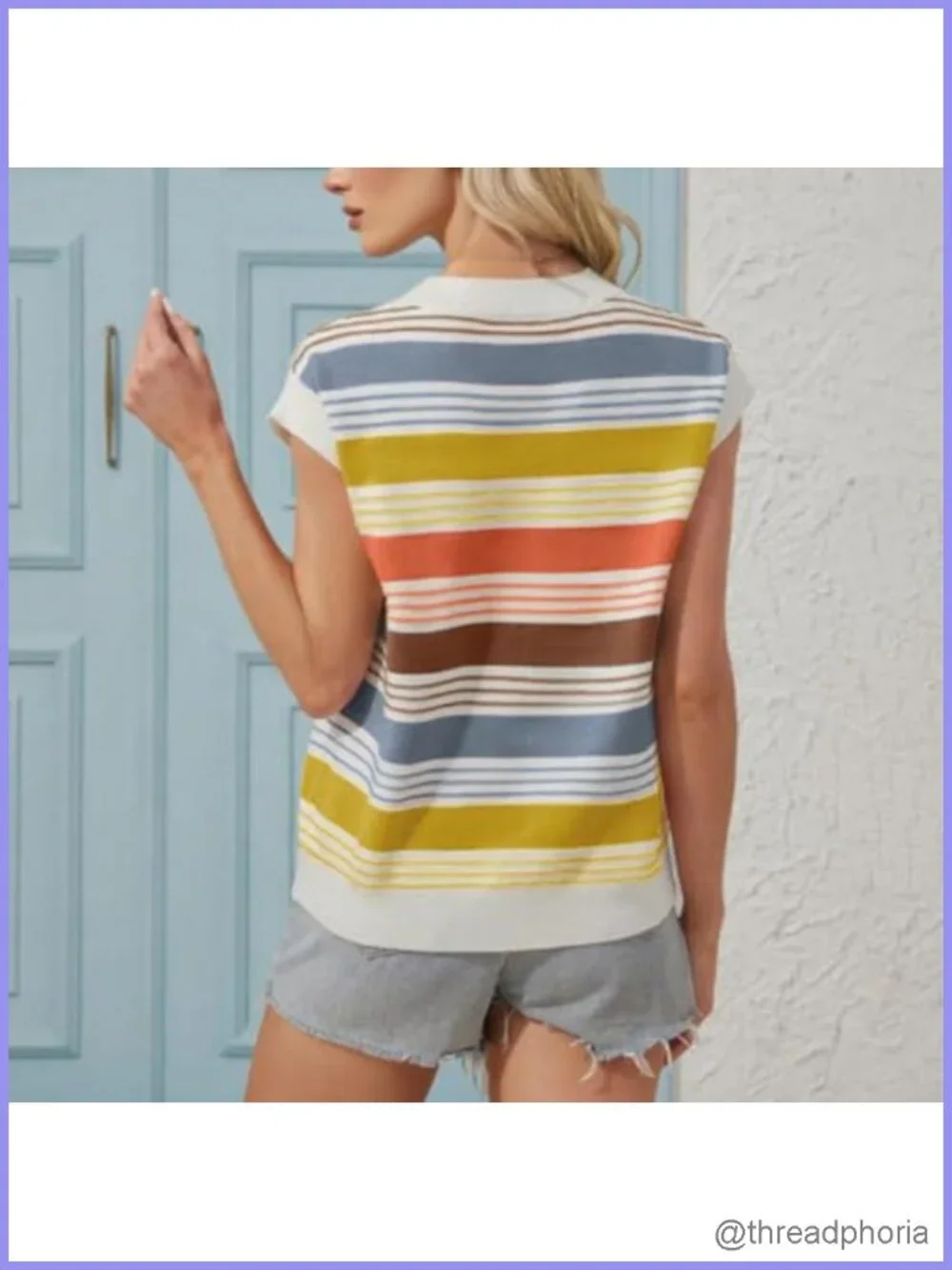 Womens Knit Sweater Vest Crew Neck Cap Sleeve Striped Loose Casual Pullover